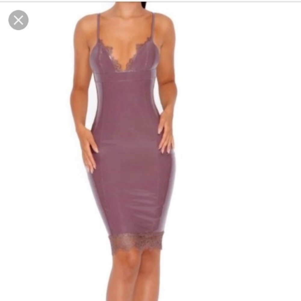 Oh Polly Mauve Lace Trim Dress